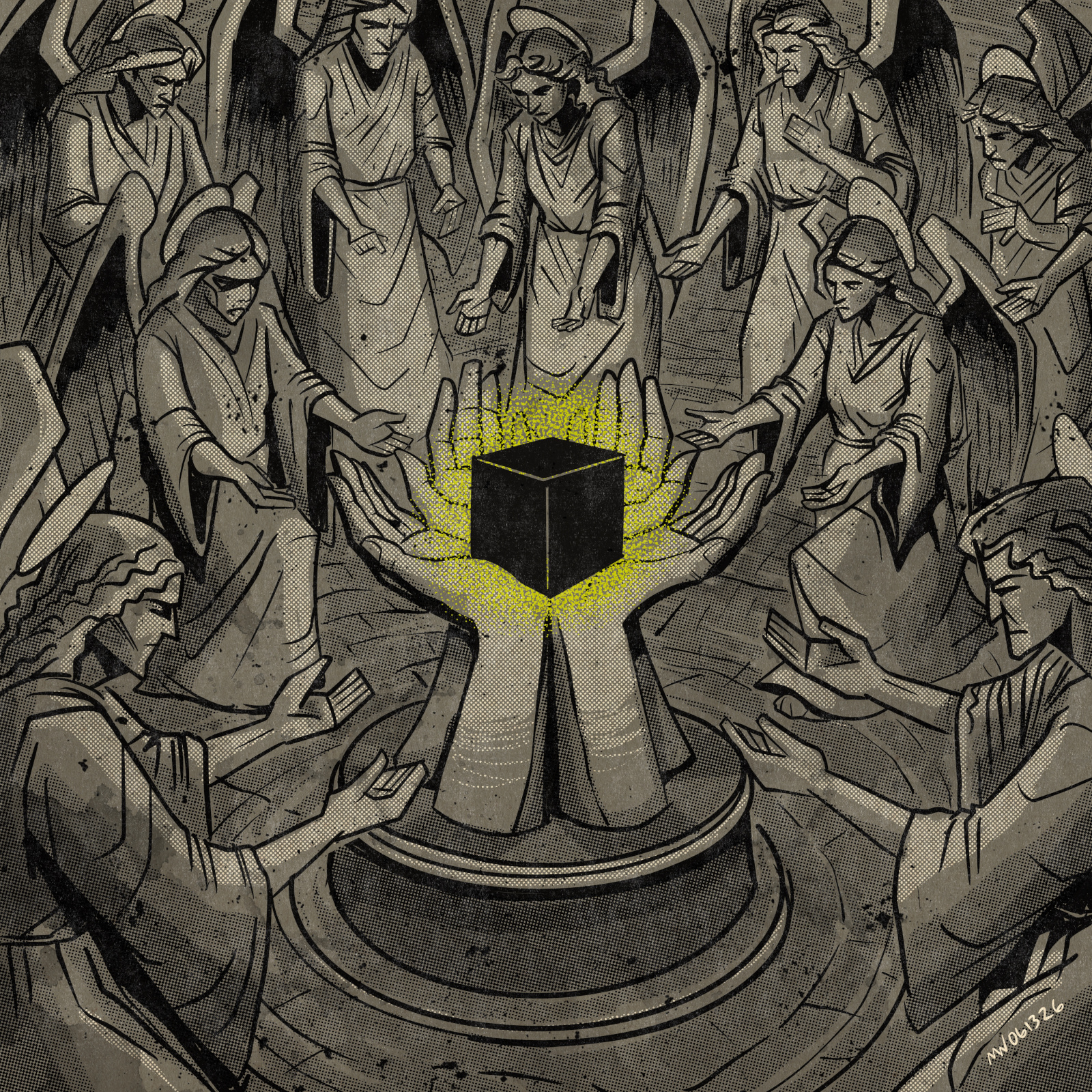 A black cube rests on outstretched hands at the center of a circle of angelic figures.