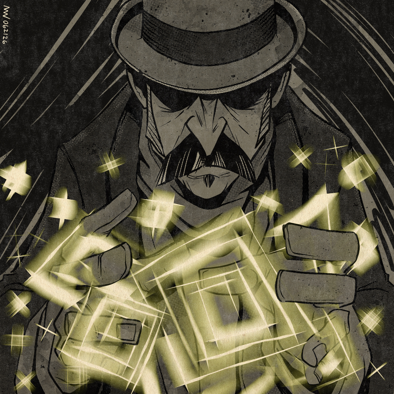 Bash stares down into a series of glowing magical square and cube shapes.