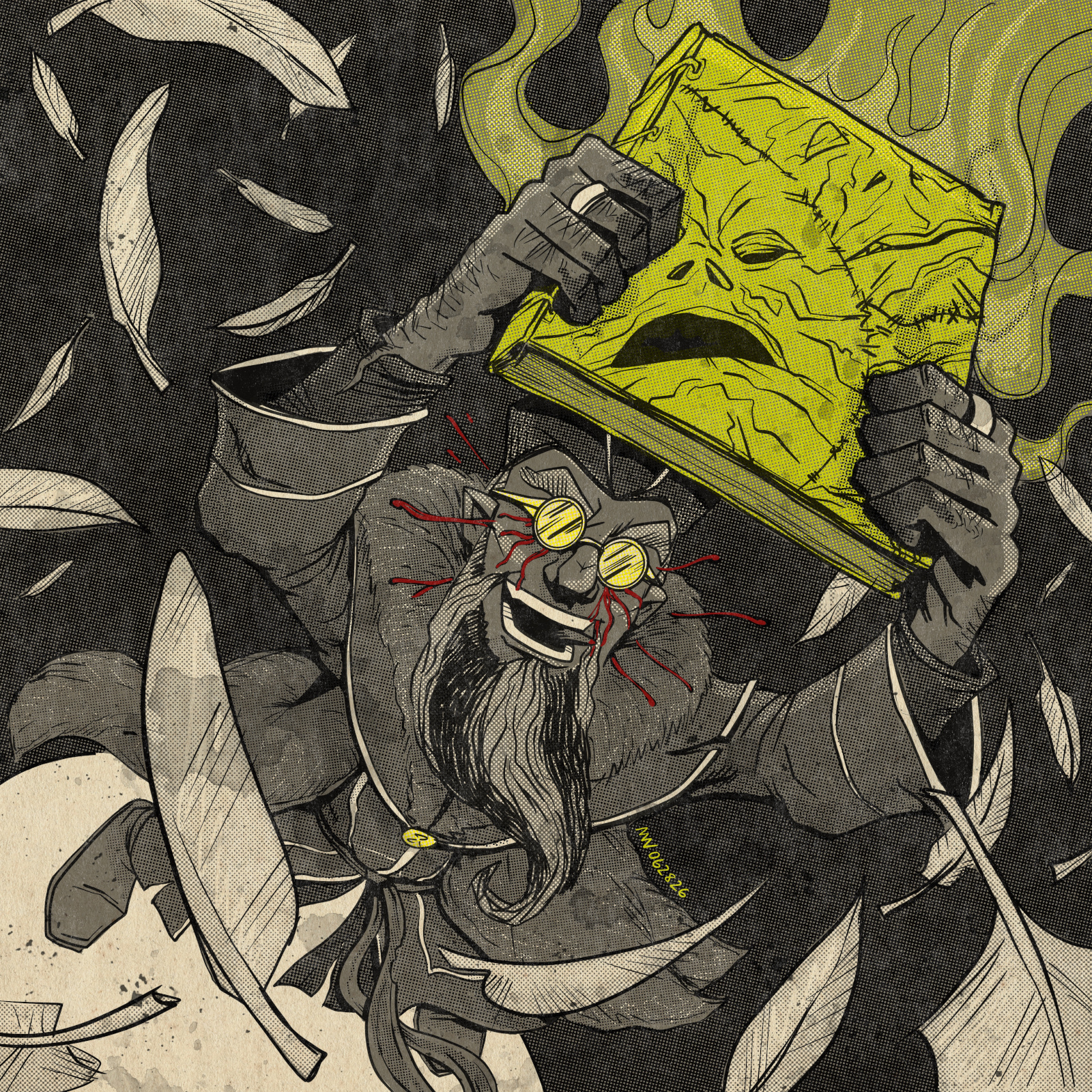 Count Lowls holds the Necronomicon high in triumph, while white feathers rain down all around him.