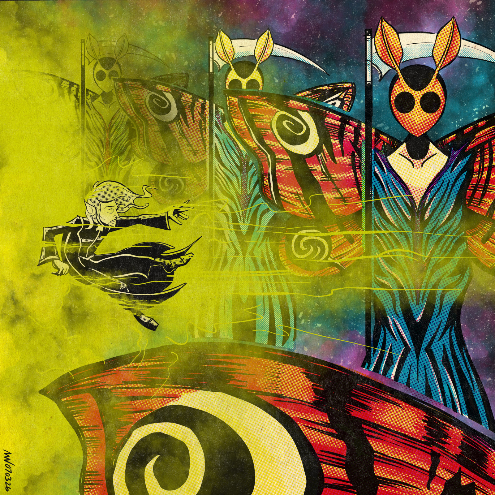 Tharivol is pulled from a parade of moth-faced psychopomps back into a bright light.