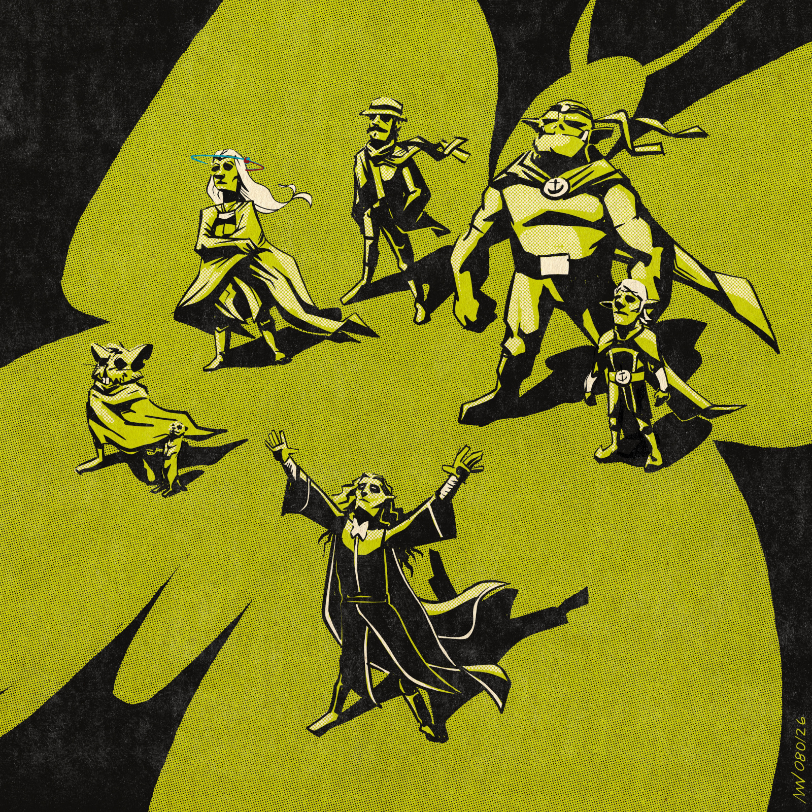 Nheb. Frederick, Pandora, Bash, Grip, Dabwick, and Tharivol stand in a circle over a butterfly shape.