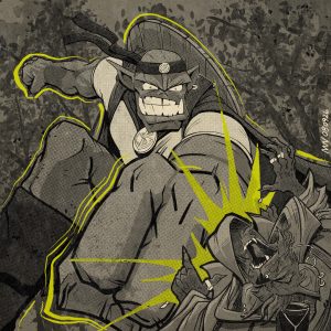 A gigantic Grip punches a Gnoll in the face.
