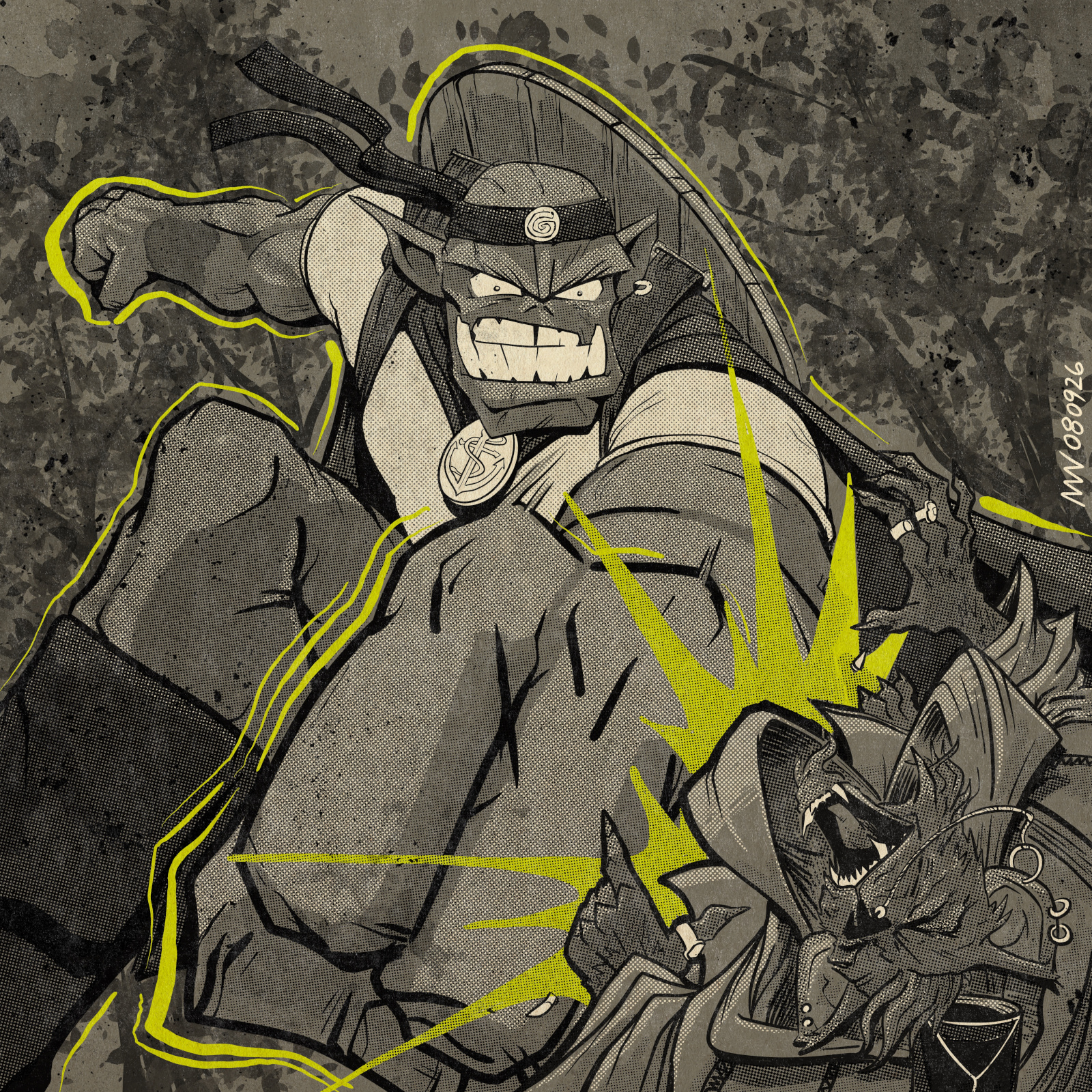 A gigantic Grip punches a Gnoll in the face.