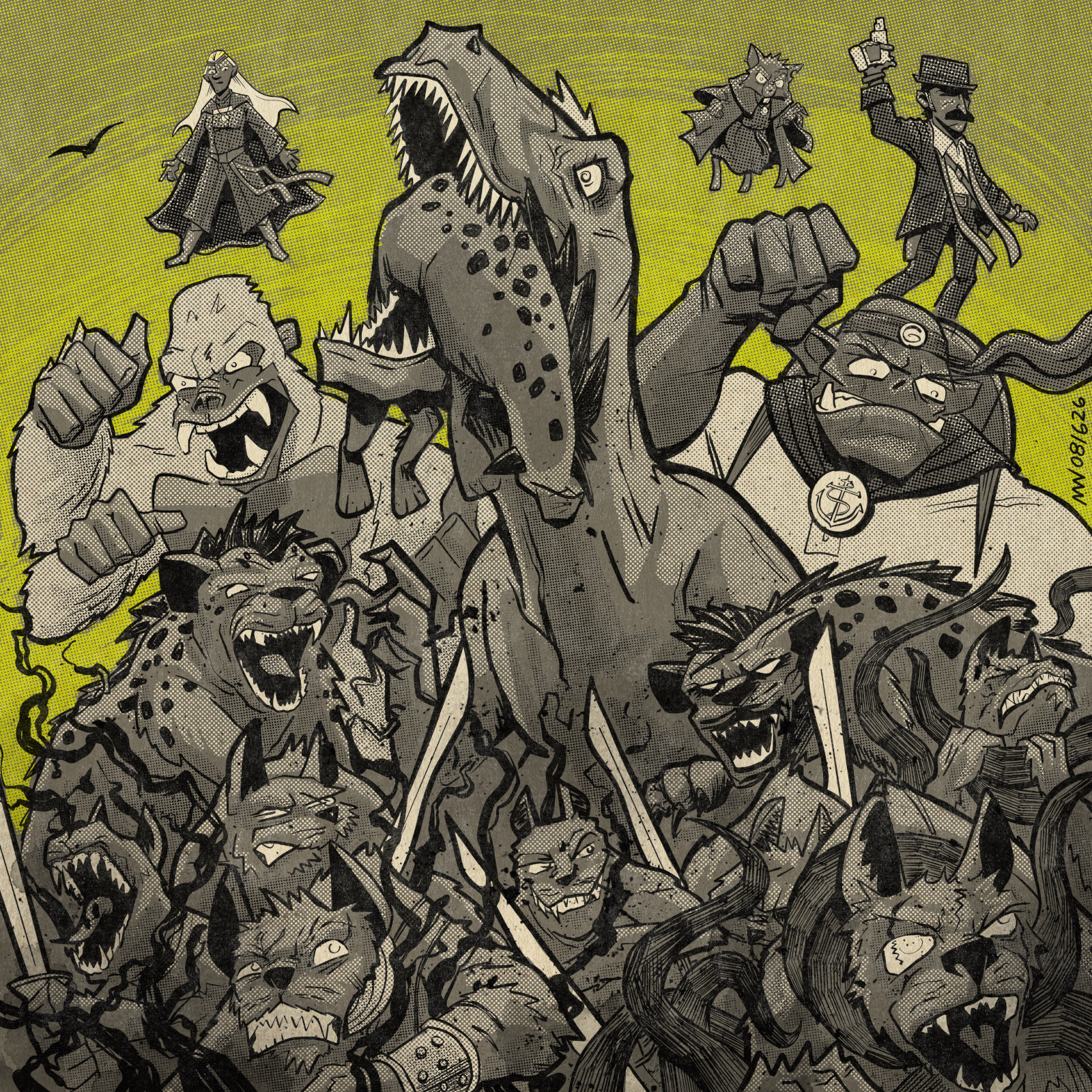 A massive battle with gnolls is depicted; at its center is a tall dinosaur eating a hyena and flanked by a four-armed white gorilla on the left and a towering Grip on the right.