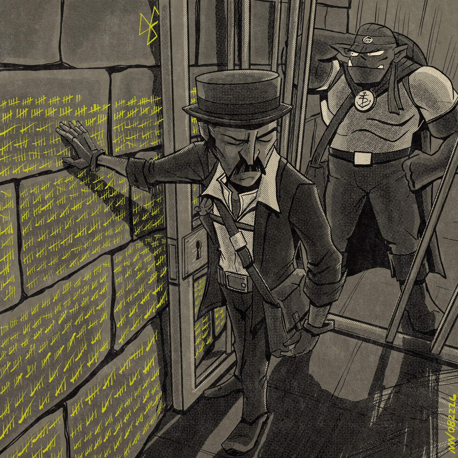 Bash lays his hand on a cell wall covered in hash marks while Grip looks on.
