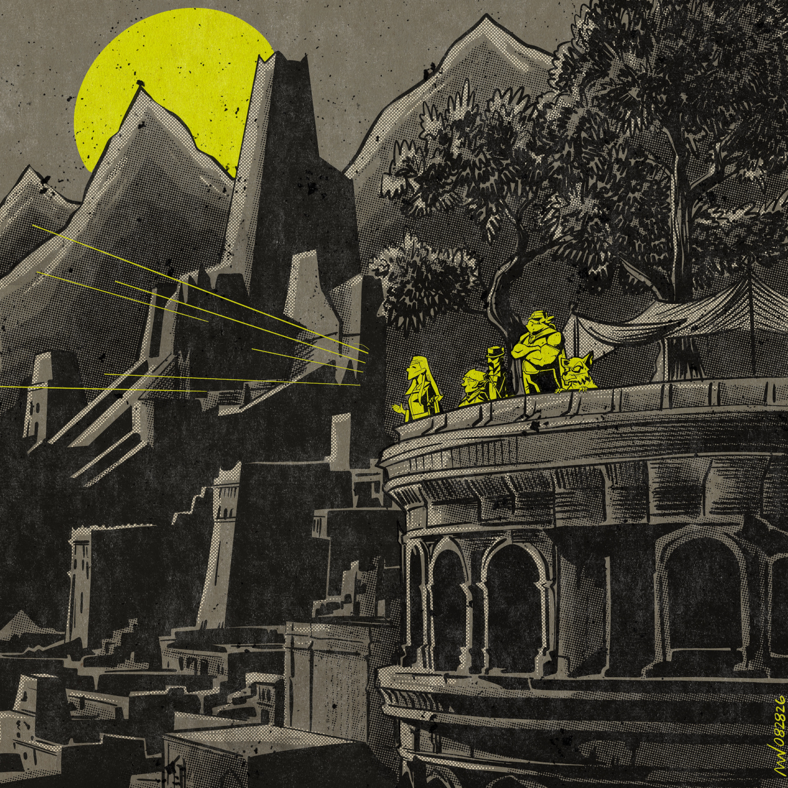 The party stands atop a building in Okeno and Pandora's voice rings out.