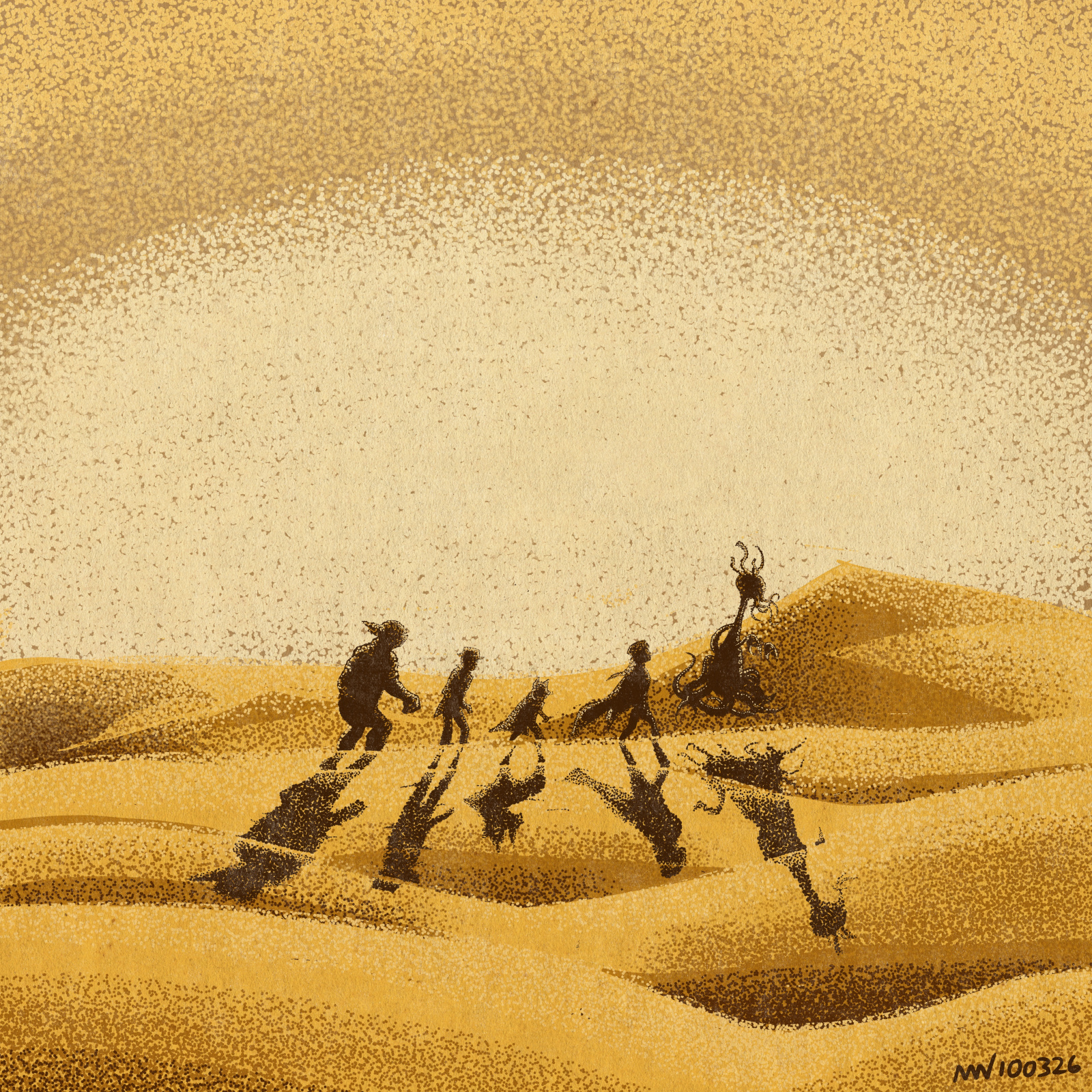 The party crosses a vast desert, led by a large alien creature.
