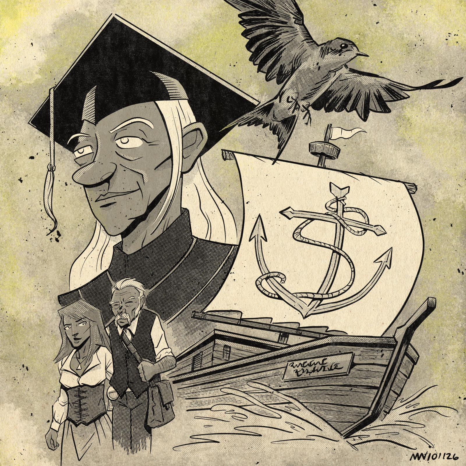 A collage of Pandora dressed in academic clothing, a bird in flight, a ship at sail, and an Old Bash standing with a young woman.