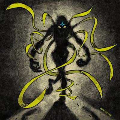 The backlit form of the Stranger approaches, surrounded by shards of yellow fabric.
